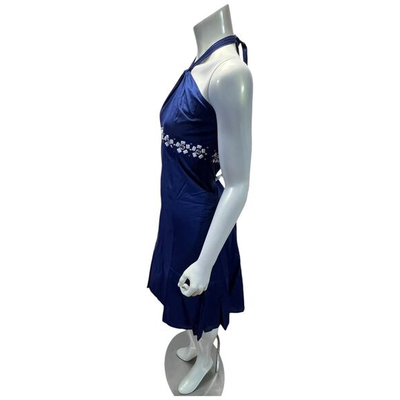 Ann Taylor LOFT Blue Halter Dress, White Beaded Belt Accent, Size 12 - Picture 3 of 11
